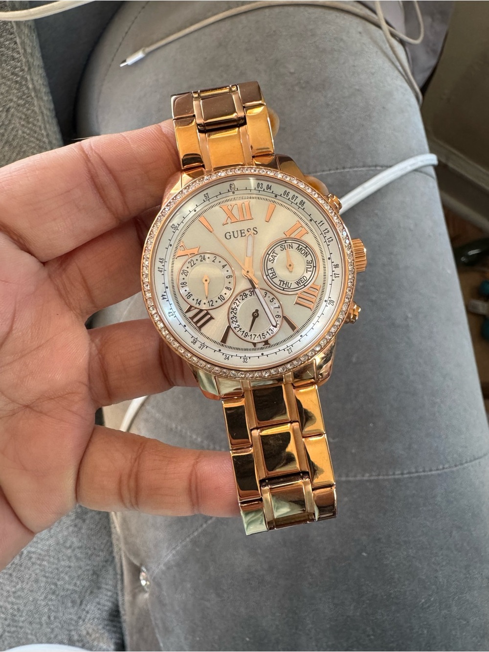 GUESS Women’s Rose Gold Multifunction Crystal Bezel Watch